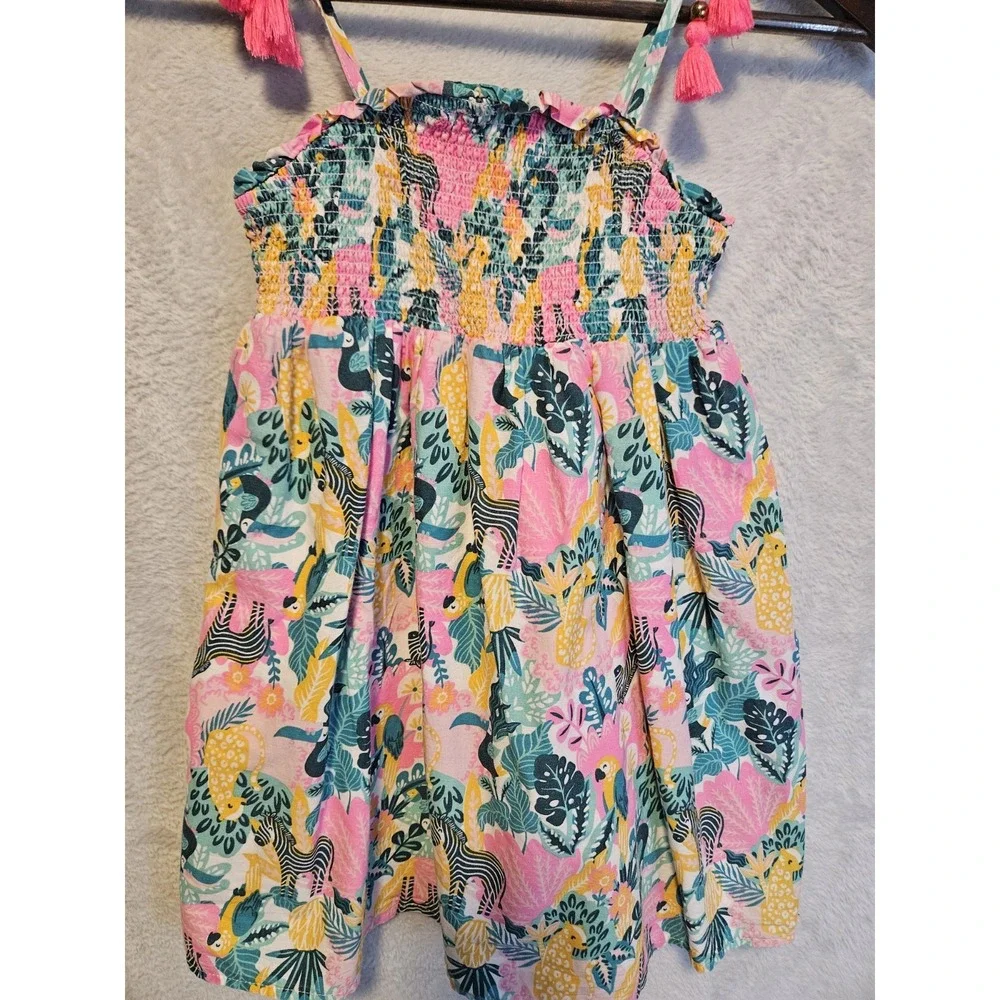 Tommy Bahama Floral Babydoll Sun Dress Tropical Print Girls Size 5 Zebra Tassels